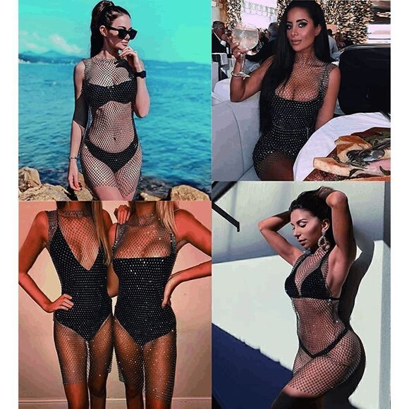 ✨ Rhinestone Crystal Diamond Fishnet Mesh Sheer Party Cover Up Dress L NWT - Picture 12 of 16